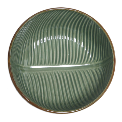 Ceramic serving bowl, 'Banana Vibes' (9 inch) - Handcrafted Green Banana Leaf Ceramic Serving  (9 Inch)