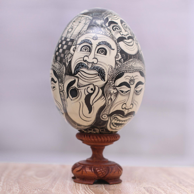 Wood sculpture, 'Balinese Drama' - Hand Painted Black and Ivory Drama Masks Wood Egg Sculpture