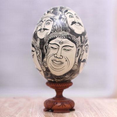 Wood sculpture, 'Balinese Drama' - Hand Painted Black and Ivory Drama Masks Wood Egg Sculpture