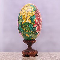 Wood statuette, 'Jepun Blooms' (15 cm) - Yellow and Pink Frangipani Flower Wood Egg Statuette (15 cm)