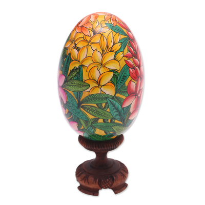 Wood statuette, 'Jepun Blooms' (15 cm) - Yellow and Pink Frangipani Flower Wood Egg Statuette (15 cm)