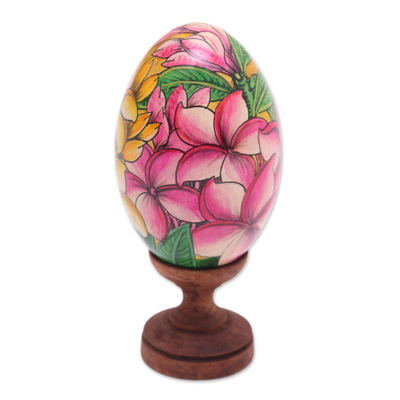 Yellow and Pink Frangipani Flower Wood Egg Statuette (9 cm)