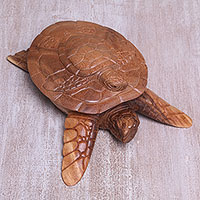 Decorative wood box, 'Turtle Secret' - Hand Carved Turtle Shaped Decorative Suar Wood Box from Bali