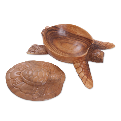 Decorative wood box, 'Turtle Secret' - Hand Carved Turtle Shaped Decorative Suar Wood Box from Bali