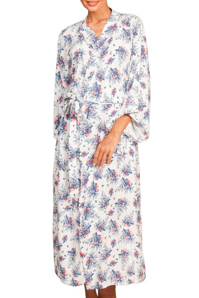 Rayon robe, 'Fresh Flowers' - White and Blue Floral Rayon Long Robe Three-Quarter Sleeves