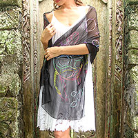 Silk shawl, 'Neon Turtles' - Hand-Painted Turtle-Themed Silk Shawl from Bali