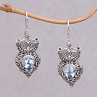 Blue topaz dangle earrings, 'Owl Teardrops' - Blue Topaz and Sterling Silver Owl Earrings from Java