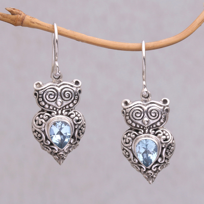 Blue topaz dangle earrings, 'Owl Teardrops' - Blue Topaz and Sterling Silver Owl Earrings from Java