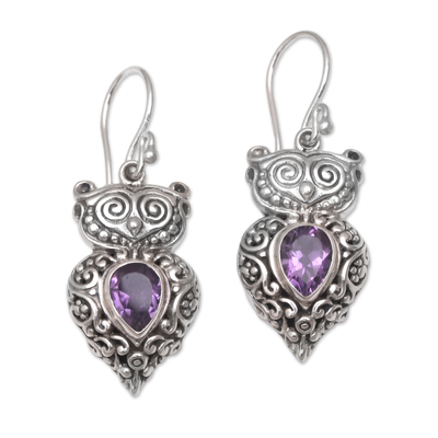 Amethyst dangle earrings, 'Owl Teardrops' - Amethyst and Sterling Silver Owl Earrings from Java