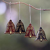 Mahogany wood ornaments, 'Joyful Tolling' (set of 4) - Mahogany Wood Hand Painted Bell Ornaments (Set of 4)