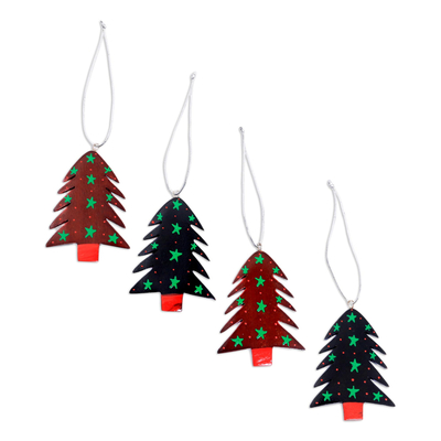 Mahogany wood ornaments, 'Starlit Tree' (set of 4) - Mahogany Wood Hand Painted Tree Ornaments (Set of 4)