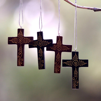 Mahogany wood ornaments, 'Jubilant Cross' (set of 4) - Mahogany Wood Hand Painted Cross Ornaments (Set of 4)