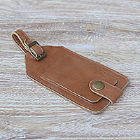 Leather luggage tag, 'Bali Cepuk in Brown' - Brown Leather Luggage Tag Crafted in Bali