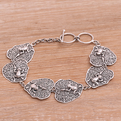 Sterling silver link bracelet, 'Lily Pad Frogs' - Sterling Silver Link Bracelet with Frogs