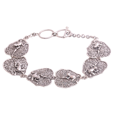 Sterling silver link bracelet, 'Lily Pad Frogs' - Sterling Silver Link Bracelet with Frogs