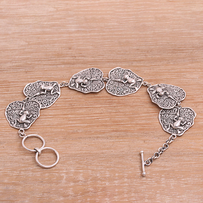 Sterling Silver Link Bracelet with Frogs - Lily Pad Frogs | NOVICA