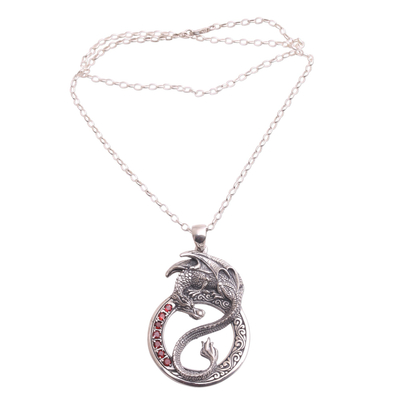Men's garnet pendant necklace, 'Dragon Flare' - Men's Garnet Dragon Necklace from Bali