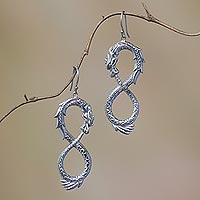 Sterling silver dangle earrings, 'Infinite Dragon' - Artisan Crafted Sterling Silver Dragon Dangle Earrings
