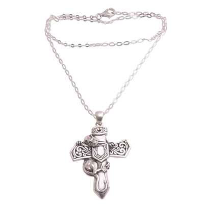 Men's sterling silver pendant necklace, 'Panther Cross' - Men's Sterling Silver Cross Pendant Necklace from Bali