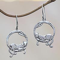Bali Sterling Silver Lounging Panther Circle Dangle Earrings,'Lounging Panther'