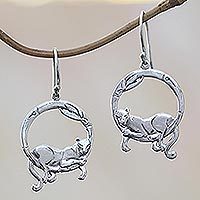 Sterling silver dangle earrings, 'Lounging Panther' - Bali Sterling Silver Lounging Panther Circle Dangle Earrings