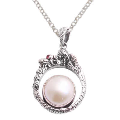 Cultured pearl and garnet pendant necklace, 'Brave Basuki' - Cultured Pearl and Garnet Dragon Necklace from Bali