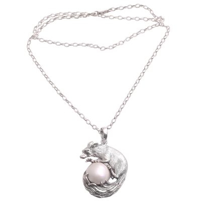 Cultured pearl pendant necklace, 'White Squirrel Orb' - White Cultured Pearl Squirrel Pendant Necklace from Bali