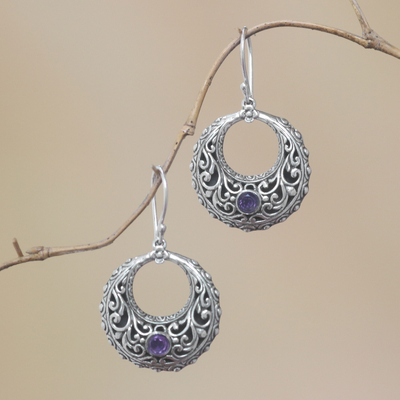 Amethyst dangle earrings, 'Violet Swirls' - Amethyst and Sterling Silver Dangle Earrings from Indonesia