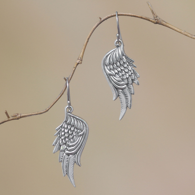 Pendientes colgantes de plata de ley - Pendientes colgantes alas de plumas en plata de primera ley