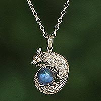 Cultured pearl pendant necklace, 'Blue Squirrel Orb' - Blue Cultured Pearl Pendant Necklace from Bali