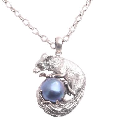 Cultured pearl pendant necklace, 'Blue Squirrel Orb' - Blue Cultured Pearl Pendant Necklace from Bali