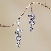 Sterling silver dangle earrings, 'Dramatic Dragons' - Handcrafted Sterling Silver Dragon Dangle Earrings
