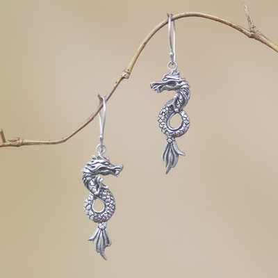 Sterling Silber Ohrhänger 'Dramatic Dragons' - Handgefertigte Ohrringe aus Sterlingsilber in Drachenform