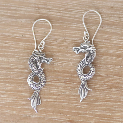 Sterling silver dangle earrings, 'Dramatic Dragons' - Handcrafted Sterling Silver Dragon Dangle Earrings