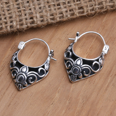 Sterling silver hoop earrings, 'Fine Blossoms' - Handmade Sterling Silver Hoop Earrings from Bali