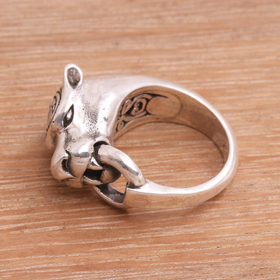 Men's sterling silver ring, 'Tiger Hook' - Men's Sterling Silver Tiger Ring from Bali
