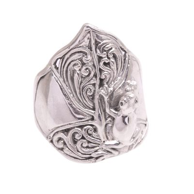 Sterling silver cocktail ring, 'Lily Pond Frog' - Sterling Silver Frog Cocktail Ring from Bali