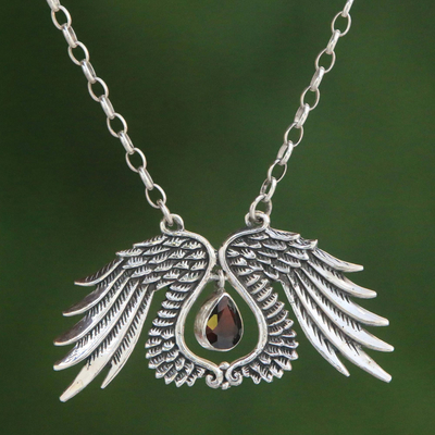 Garnet pendant necklace, 'Divine Angel' - Garnet Wing Pendant Necklace Crafted in Bali