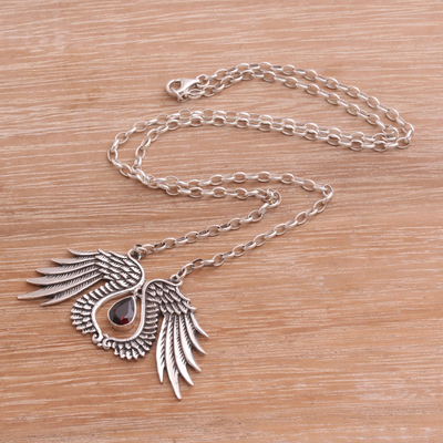 Garnet pendant necklace, 'Divine Angel' - Garnet Wing Pendant Necklace Crafted in Bali