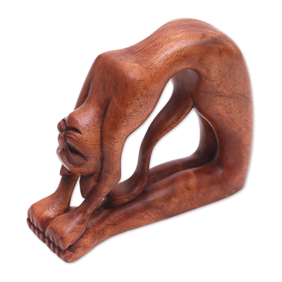 Suar Wood Sculpture of a Cat in Ustrasana Yoga Pose