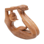 Wood sculpture, 'Dhanurasana Kitty' - Suar Wood Sculpture of a Cat in Dhanurasana Yoga Pose