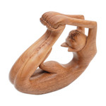 Wood sculpture, 'Dhanurasana Kitty' - Suar Wood Sculpture of a Cat in Dhanurasana Yoga Pose
