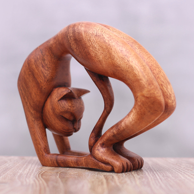 Holzskulptur - Handgeschnitzte Katzen-Yoga-Skulptur aus Suar-Holz aus Bali
