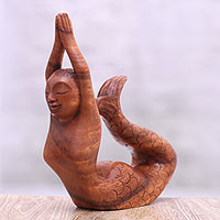 Suar Wood Sculpture of a Mermaid in a Yoga Pose from Bali,'To the Sky Mermaid'