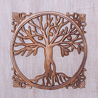 Wood relief panel, 'Reaching Tree' - Hand-Carved Suar Wood Relief Panel of a Tree from Bali