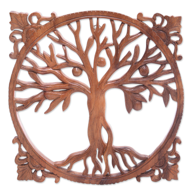 Wood relief panel, 'Reaching Tree' - Hand-Carved Suar Wood Relief Panel of a Tree from Bali