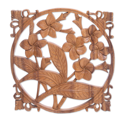 Wood relief panel, 'Bali Plumeria' - Hand-Carved Floral Suar Wood Relief Panel from Bali