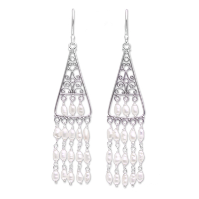 Cultured pearl chandelier earrings, 'Temple Snowfall' - Cultured Pearl Chandelier Earrings Crafted in Bali