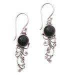 Onyx dangle earrings, 'Malam Dance' - Handcrafted Onyx Sterling Silver Scrollwork Dangle Earrings