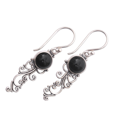 Onyx dangle earrings, 'Malam Dance' - Handcrafted Onyx Sterling Silver Scrollwork Dangle Earrings